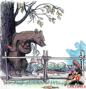 Дядя Миша медведь с морковкой и зайцем встретили ежа